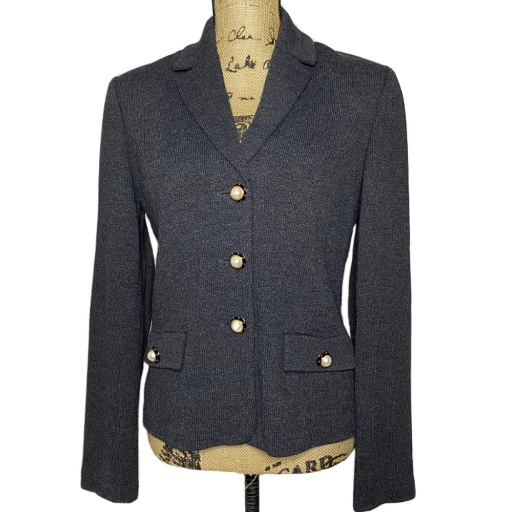 St. John Collection Gray Wool Knit Button Up Blazer Jacket